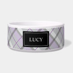 Grey And Lilac Plaid Pattern With Pet's Name Bowl<br><div class="desc">This pet bowl has a stylish tartan / plaid style pattern in grey and purple color scheme. There is also a black banner with a customizable text area for pet's name.</div>