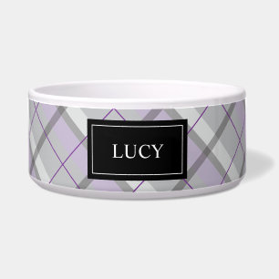 Grey And Lilac Plaid Pattern With Pet's Name Bowl