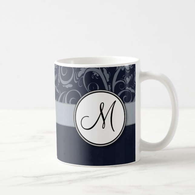 Grey and Navy Floral Wisps & Stripes with Monogram Coffee Mug (Right)