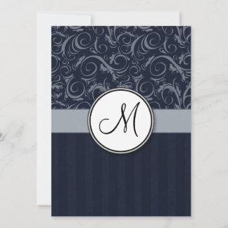 Grey and Navy Floral Wisps & Stripes with Monogram Invitation