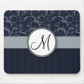 Grey and Navy Floral Wisps & Stripes with Monogram Mouse Pad