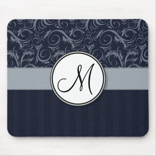 Grey and Navy Floral Wisps  Stripes with Monogram Mouse Pad