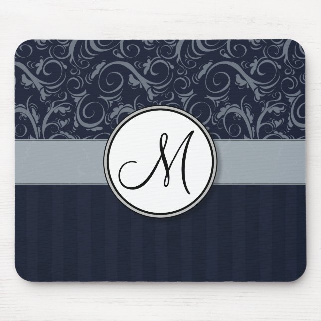 Grey and Navy Floral Wisps & Stripes with Monogram Mouse Pad (Front)