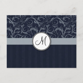Grey and Navy Floral Wisps & Stripes with Monogram Postcard