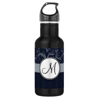Grey and Navy Floral Wisps & Stripes with Monogram Water Bottle