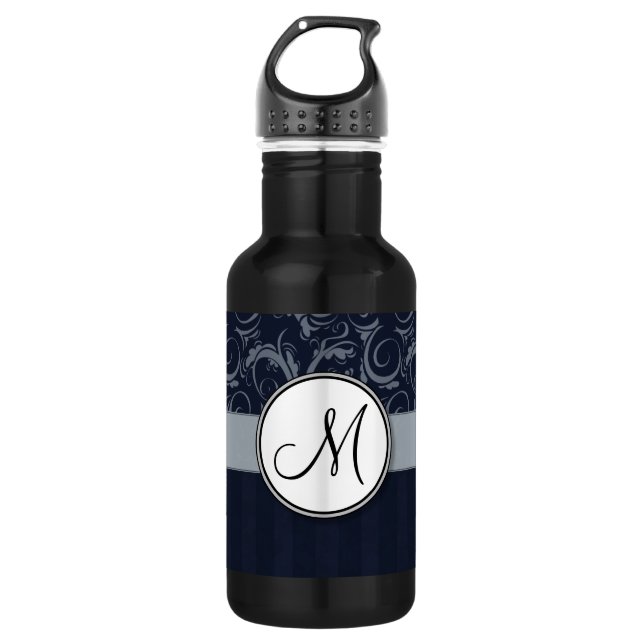 Grey and Navy Floral Wisps & Stripes with Monogram Water Bottle (Front)