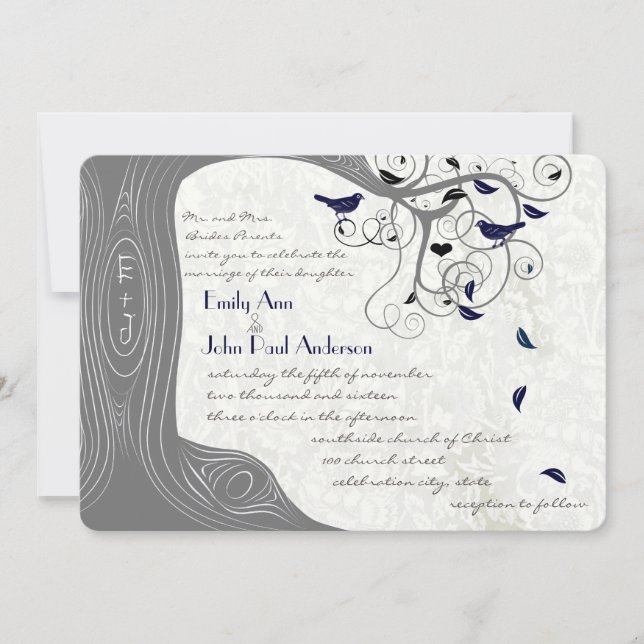 Grey and Navy Modern Tree Love Bird Wedding Invitation (Front)