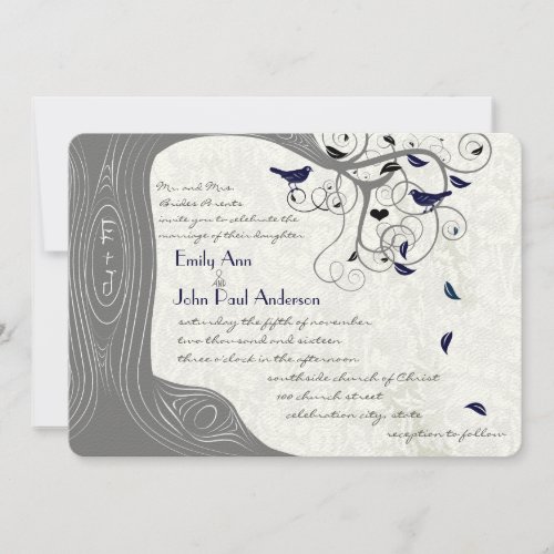 Grey and Navy Modern Tree Love Bird Wedding Invitation