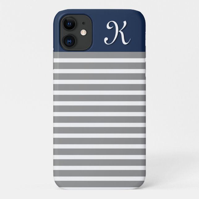 Grey and Navy Striped Pattern Monogram Case-Mate iPhone Case (Back)