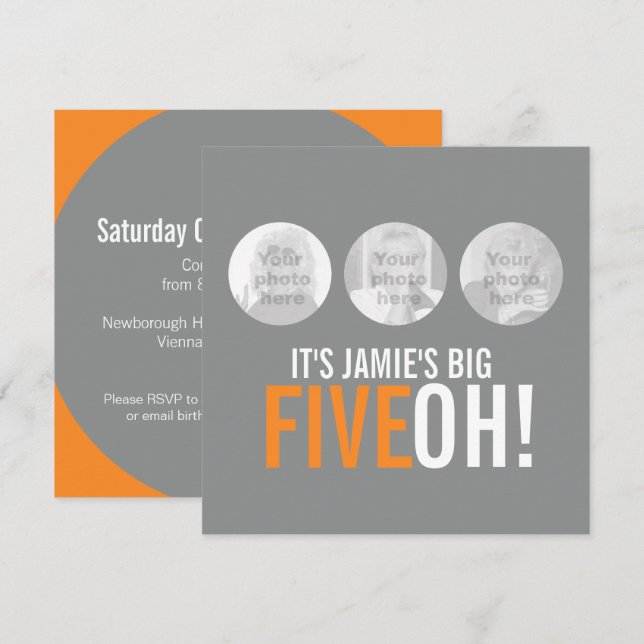 Grey and orange 50th FIVEOH! photo birthday invite (Front/Back)