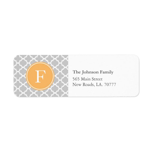 Grey and Orange Quatrefoil Monogram Address Labels (Front)