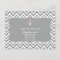 Grey and Pastel Pink Chevron Nautical Baby Shower Announcement Postcard