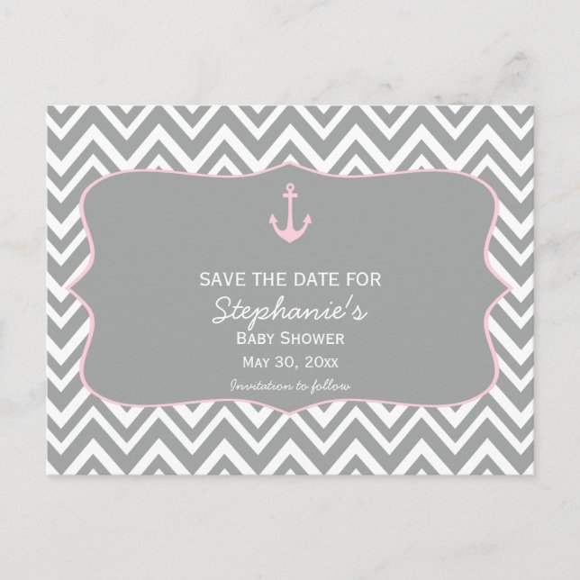 Grey and Pastel Pink Chevron Nautical Baby Shower Announcement Postcard (Front)