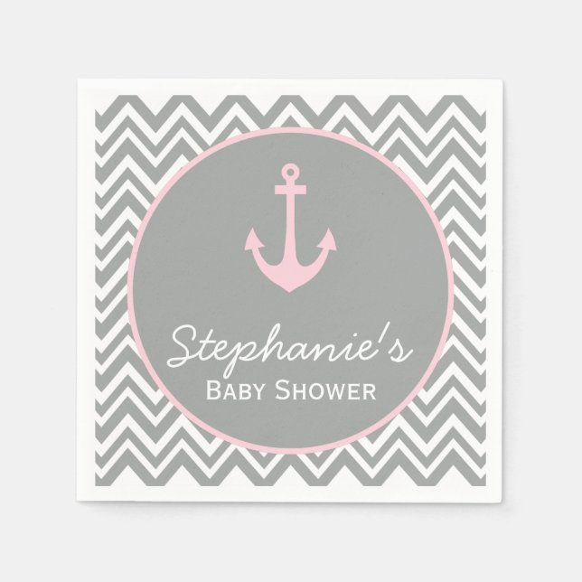 Grey and Pastel Pink Chevron Nautical Baby Shower Paper Napkins (Front)