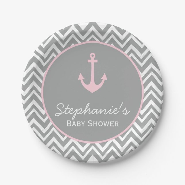 Grey and Pastel Pink Chevron Nautical Baby Shower Paper Plates (Front)