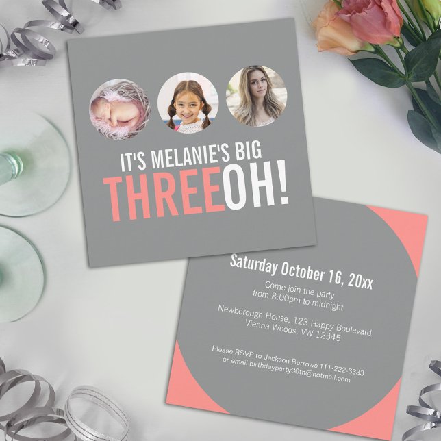 Grey and pink 30th THREEOH! photo birthday invite (Creator Uploaded)