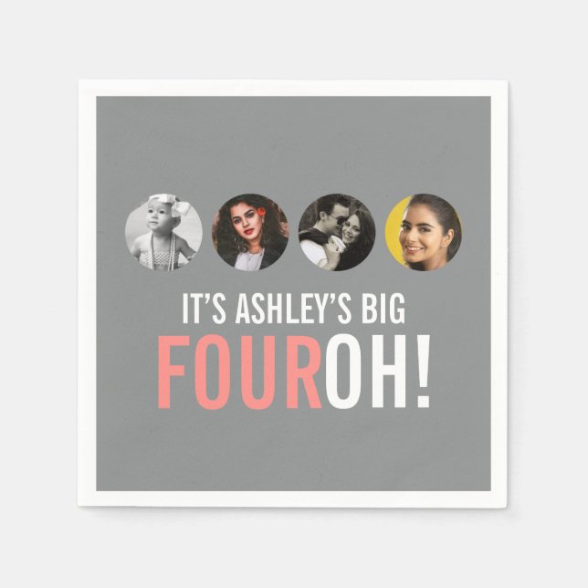 Grey and pink 40th FOUROH! 4 photos birthday Napkins (Front)