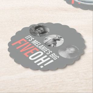 Grey and pink 50th FIVEOH! photo birthday graphic Paper Coaster