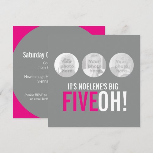 Grey and pink 50th FIVEOH! photo birthday invite