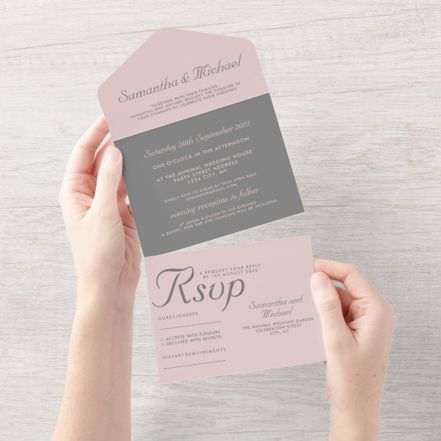 Grey and Pink classic Clean simple wedding All In One Invitation (Tearaway)