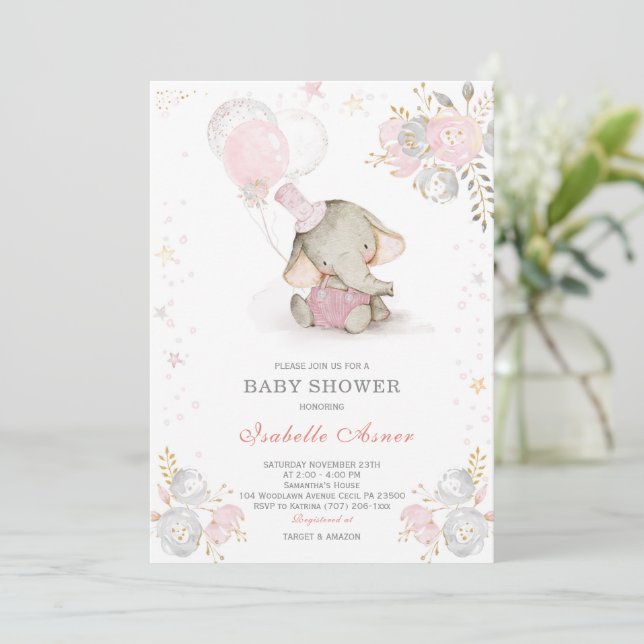 Grey and Pink Elephant Baby Shower Invitation (Standing Front)