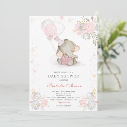 Grey and Pink Elephant Baby Shower Invitation