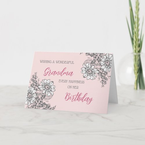 Grey and Pink Flowers Grandma Birthday Card