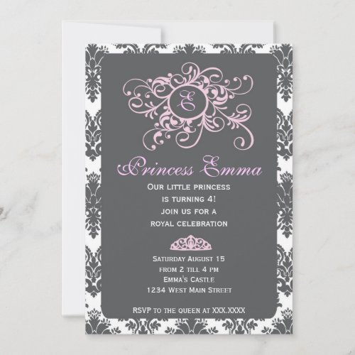 Grey and Pink Princess Damask Invitation