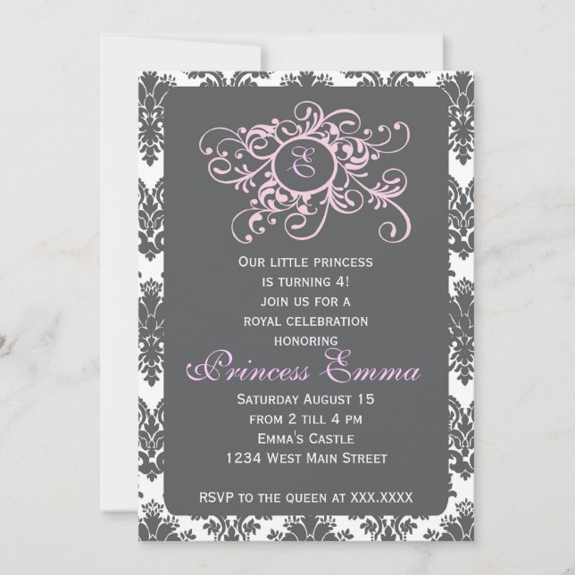 Grey and Pink Princess Damask Invitation (Front)