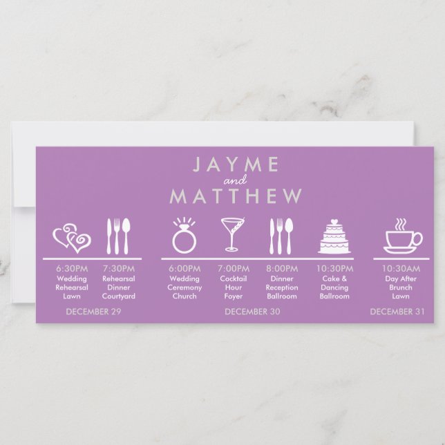 Grey and Purple Wedding Timeline Welcome Bag Note (Front)