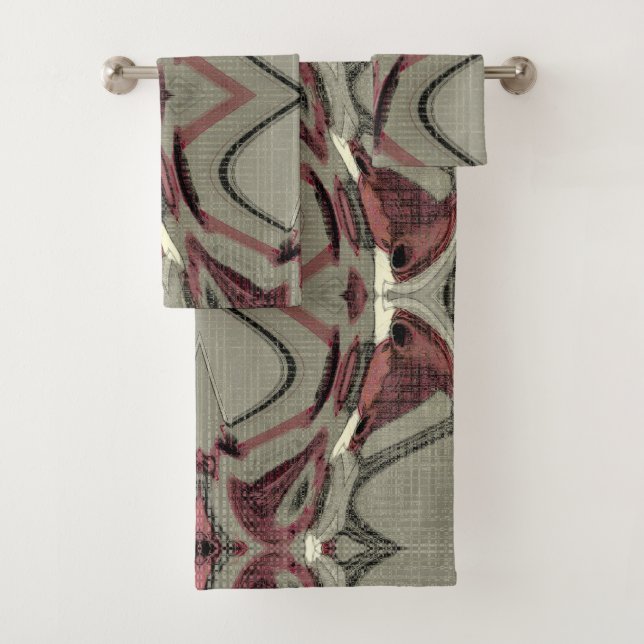 Grey and Red Abstract Art Bath Towel Set (Insitu)