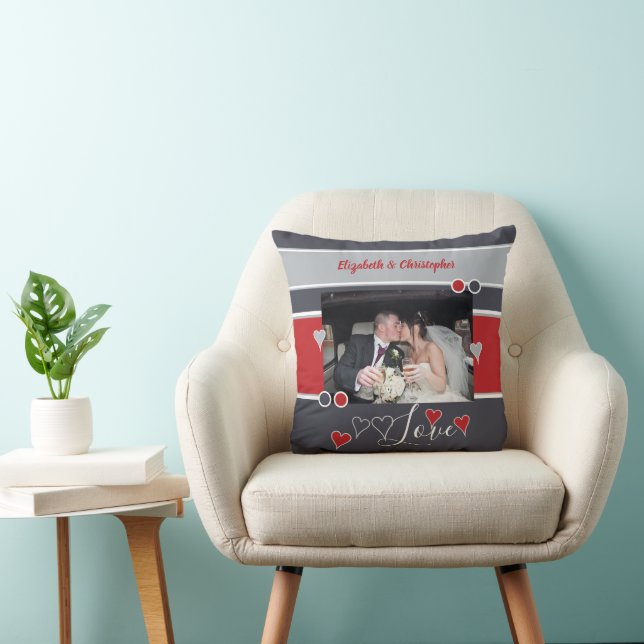 Grey and red anniversary with photo throw pillow (Chair)