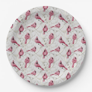 Grey And Red Christmas Cardinal Birds Paper Plates