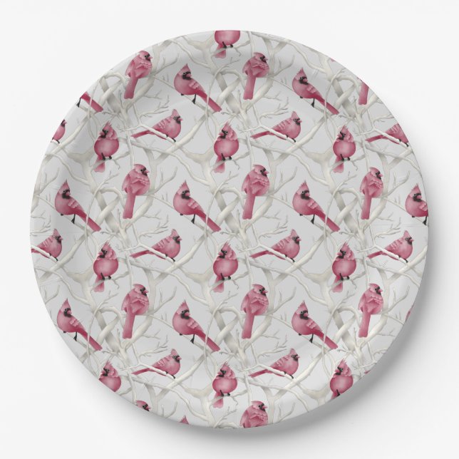Grey And Red Christmas Cardinal Birds Paper Plates (Front)
