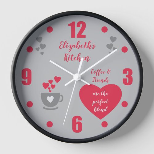 Grey and red coffee cup love hearts kitchen clock