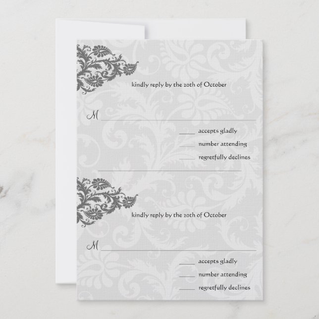 Grey and Red Damask Swirl RSVP Postcard (Front)