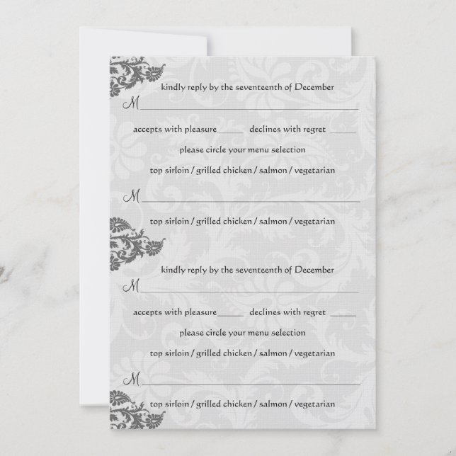 Grey and Red Damask Swirl RSVP Postcard (Front)