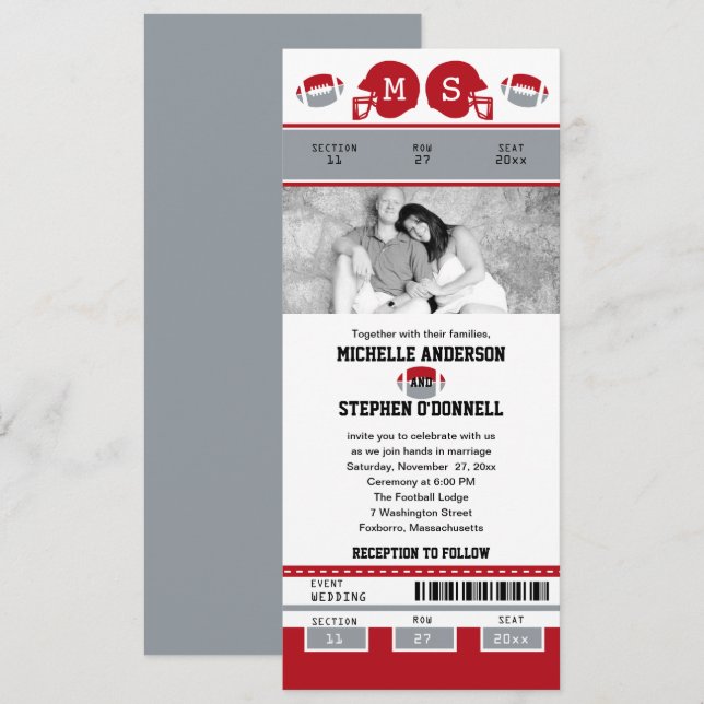 Grey and Red Football Ticket Wedding Invitation (Front/Back)