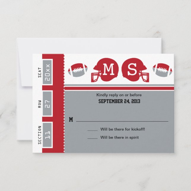 Grey and Red Football Ticket Wedding RSVP (Front)