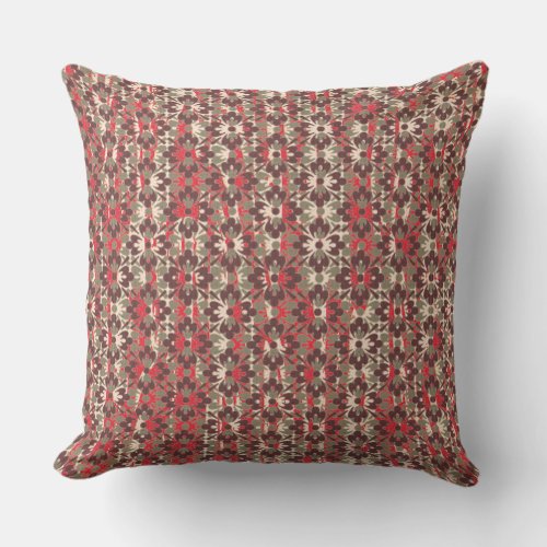 Grey and Red Patterned Flowers Outdoor Pillow