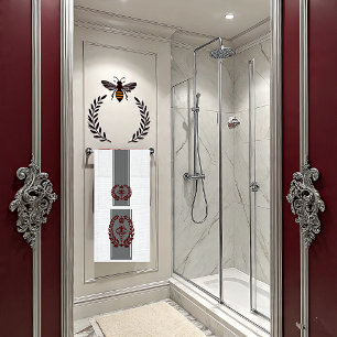 Grey and red royal bee striped bath towel set