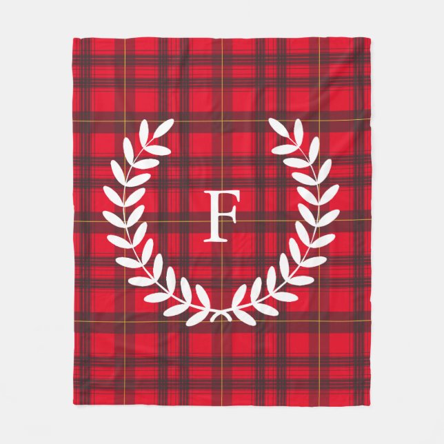 Grey and Red Tartan White Laurel | Personalized Fleece Blanket (Front)