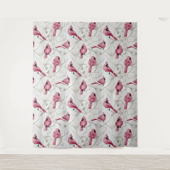 Grey And Red Watercolor Cardinal Birds Pattern Tapestry (Front)