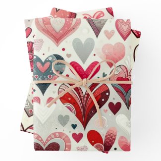 Grey and Red Whimsical Artsy Fancy Valentine's Day Wrapping Paper Sheets