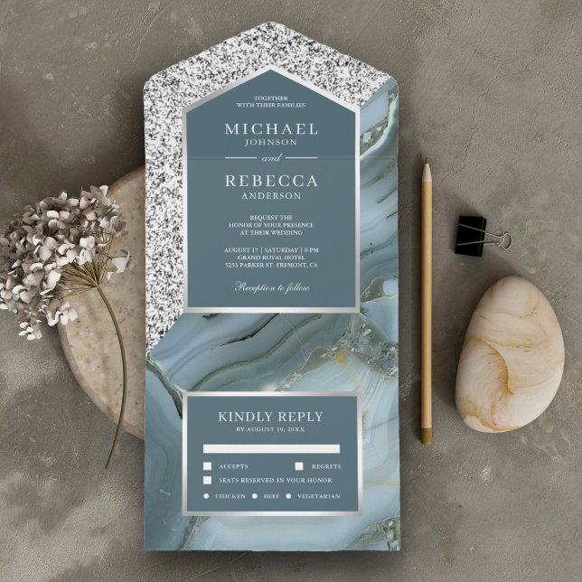 Grey and Silver Glitter Slate Blue Marble Wedding All In One Invitation (Creator Uploaded)