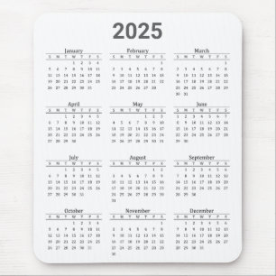 Grey and White 2025 Year at a Glance Calendar Mouse Pad