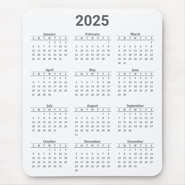 Grey and White 2025 Year at a Glance Calendar Mouse Pad (Front)