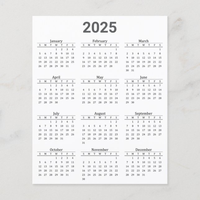 Grey and White 2025 Yearly Calendar Paper Sheet (Front)