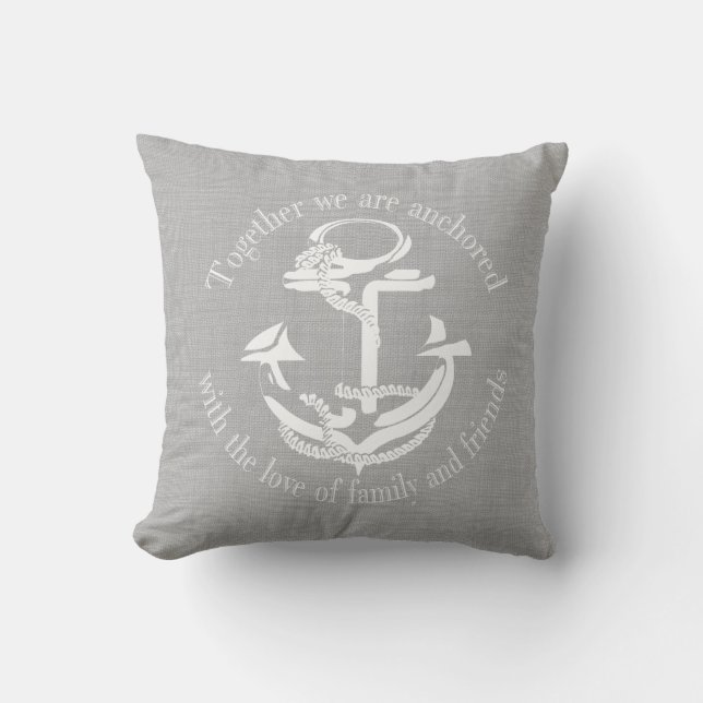 Grey and White Anchor Monogram Throw Pillow (Front)