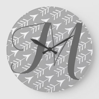Grey and White Arrows with Monogram Large Clock